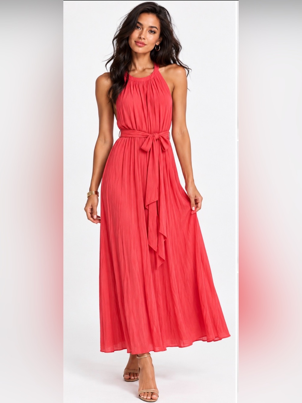 Old Navy Coral Halter Maxi Dress with Waist Tie